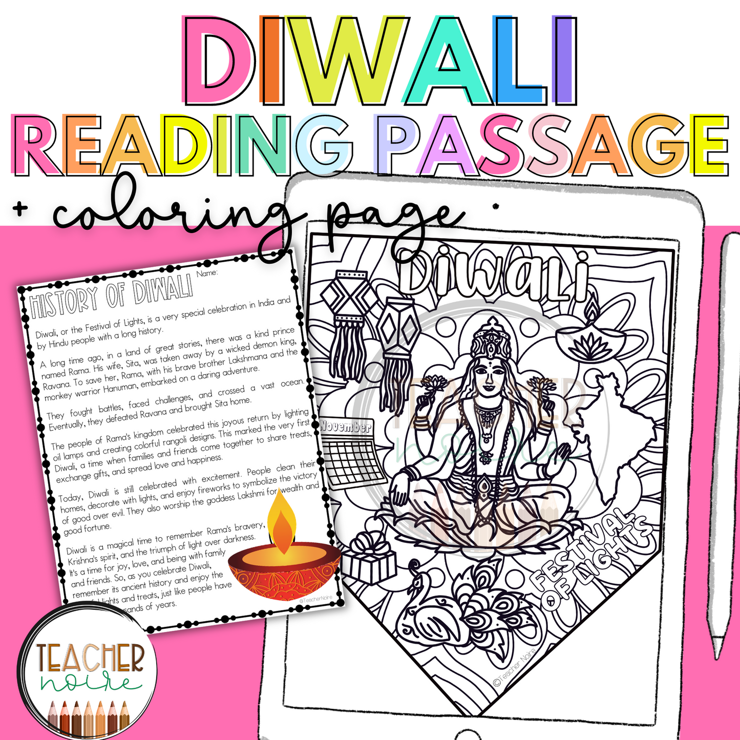 Diwali Coloring Page + Diwali Reading Passage