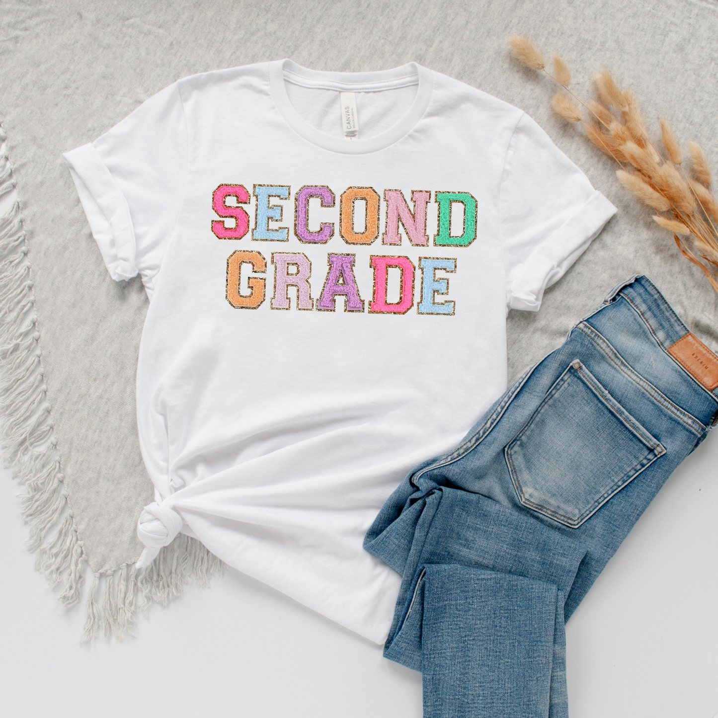 Second Grade Teacher Shirt (faux letter patches)