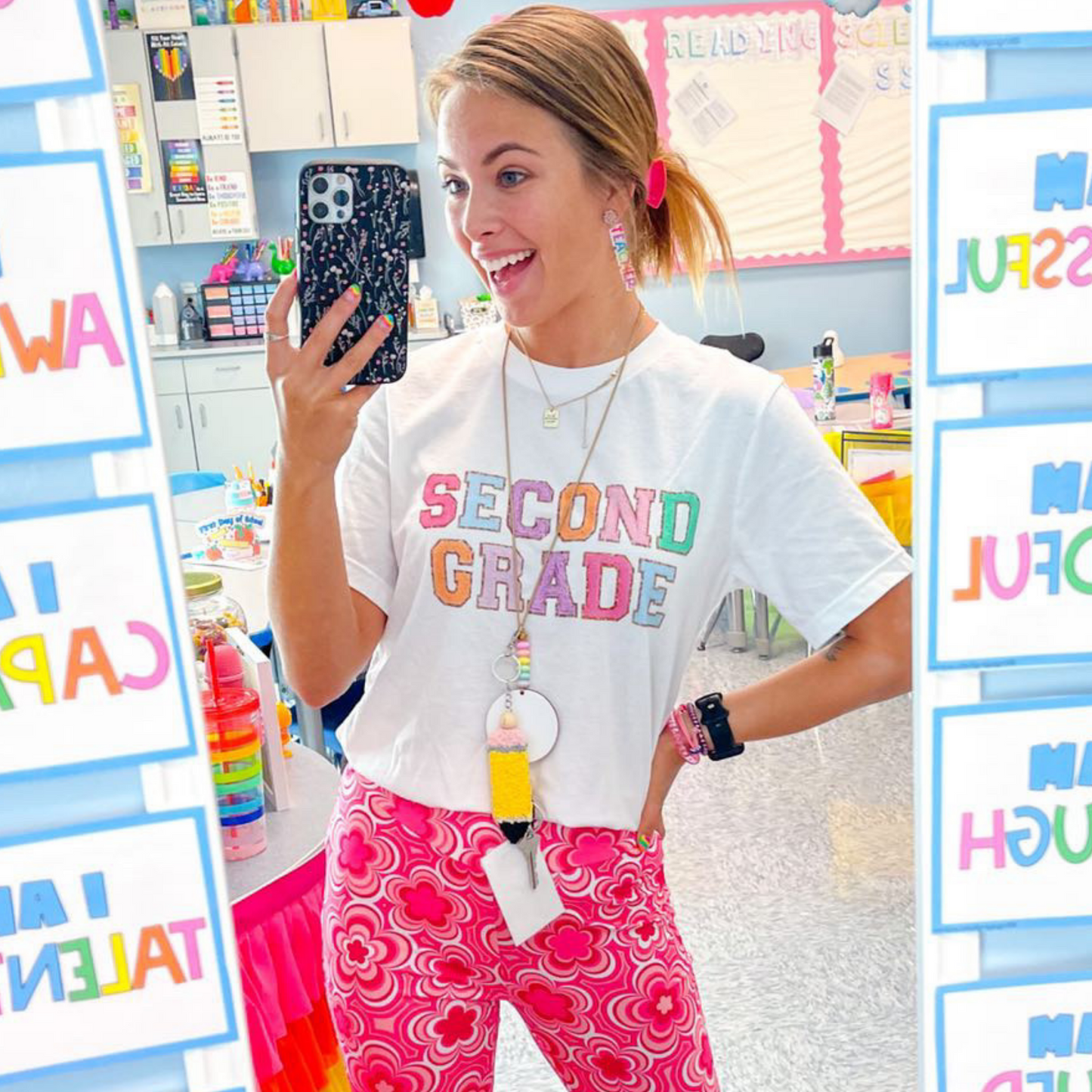 Second Grade Teacher Shirt (faux letter patches)