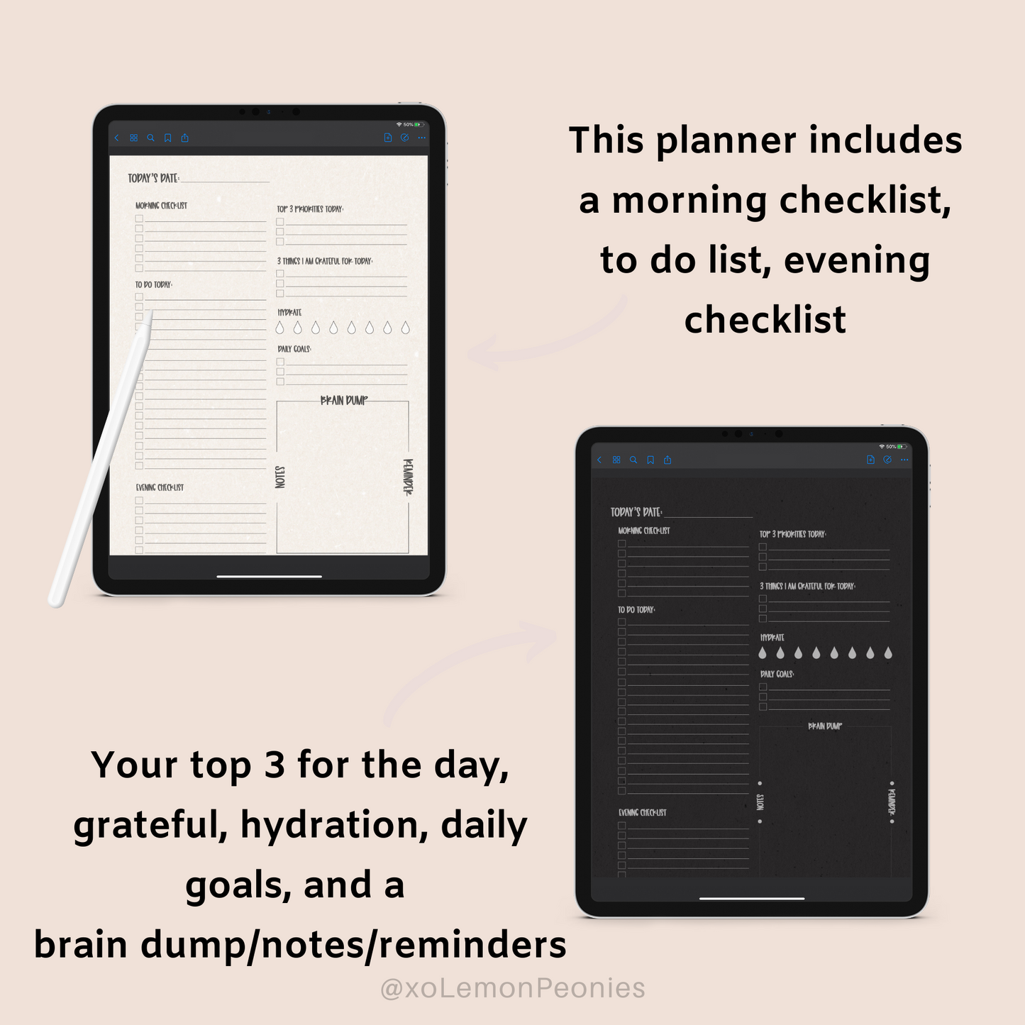 Daily Planner | Dark mode daily planner for iPad- goodnotes and noteability