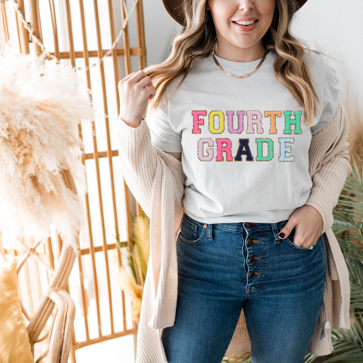 Fourth Grade Teacher Shirt (faux letter patches)