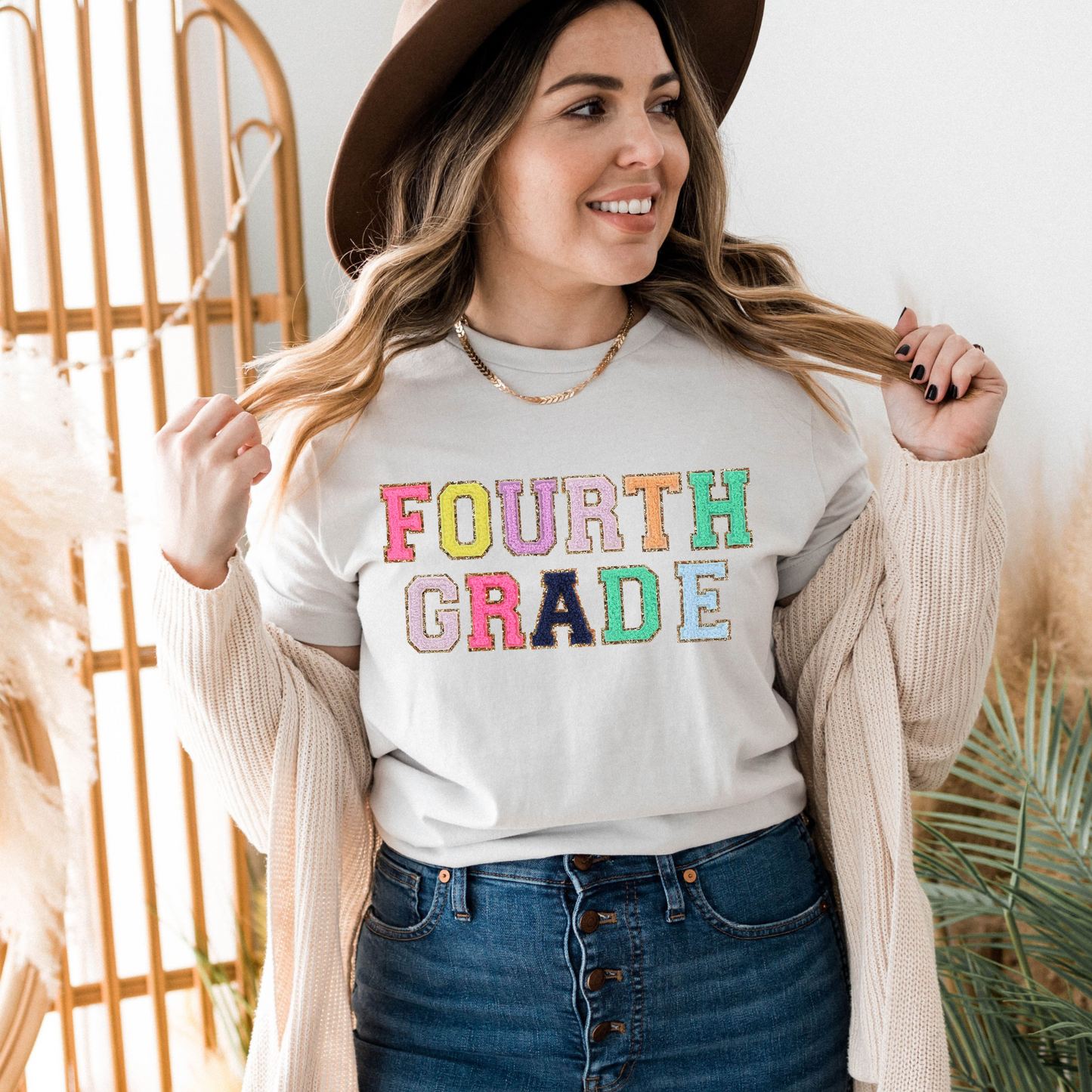 Fourth Grade Teacher Shirt (faux letter patches)