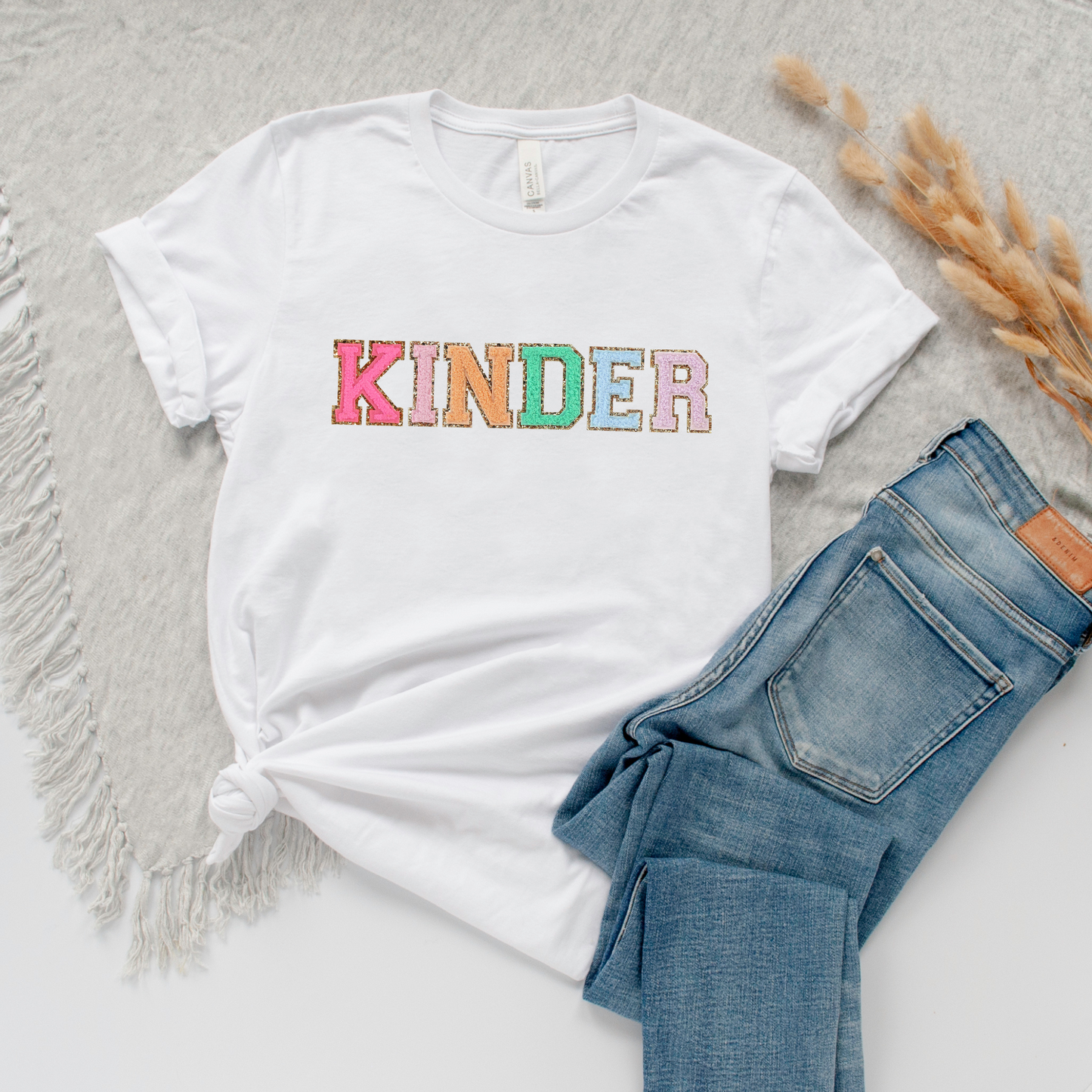 Kinder Teacher Tshirt, Kindergarten Teacher Shirt (faux patch letters)