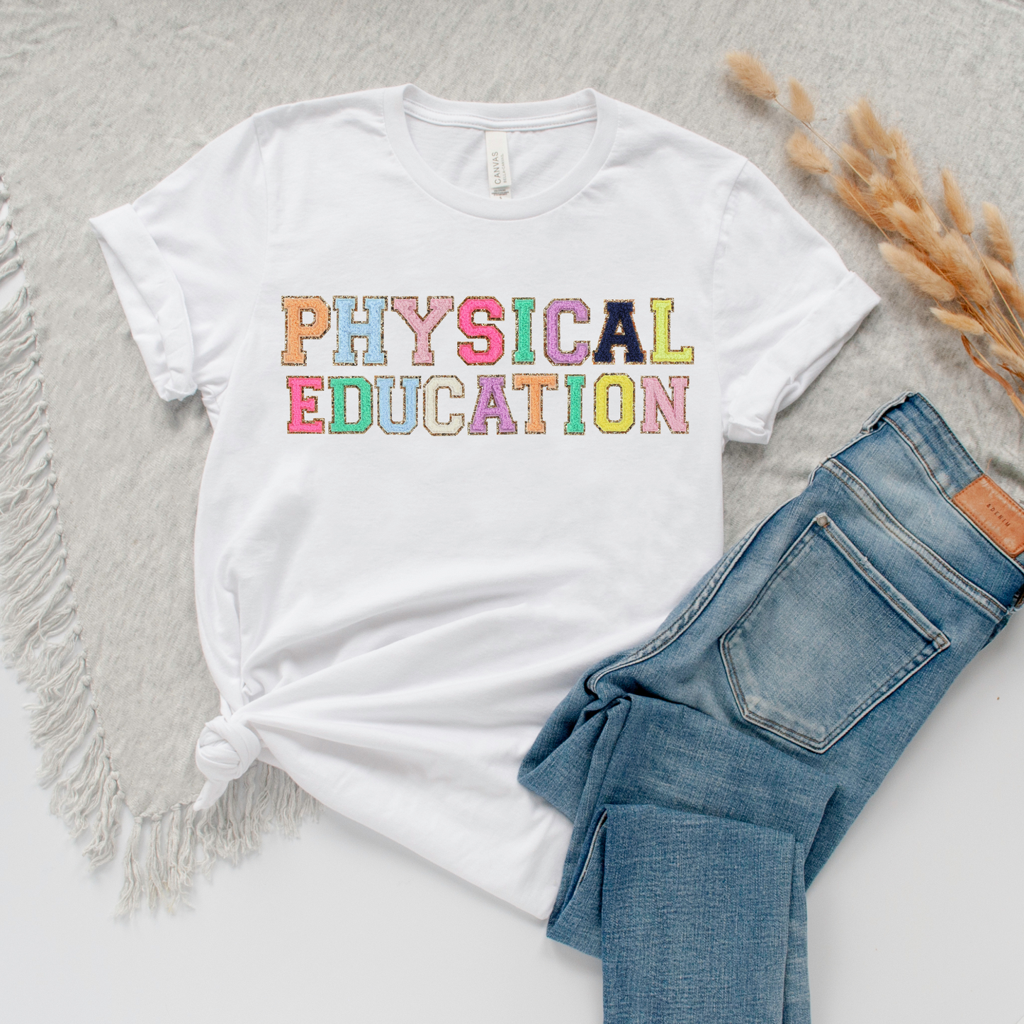 Physical Education Teacher Tshirt (faux letter patches)