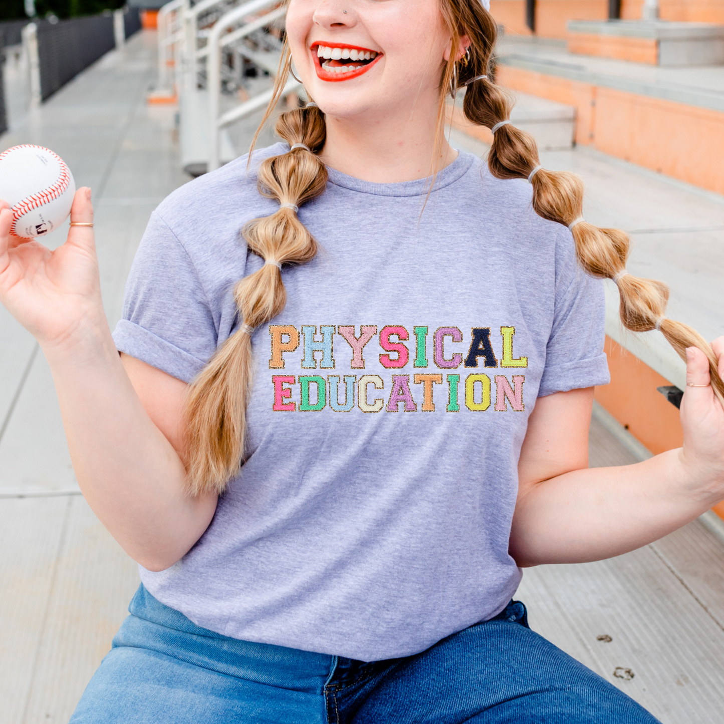 Physical Education Teacher Tshirt (faux letter patches)