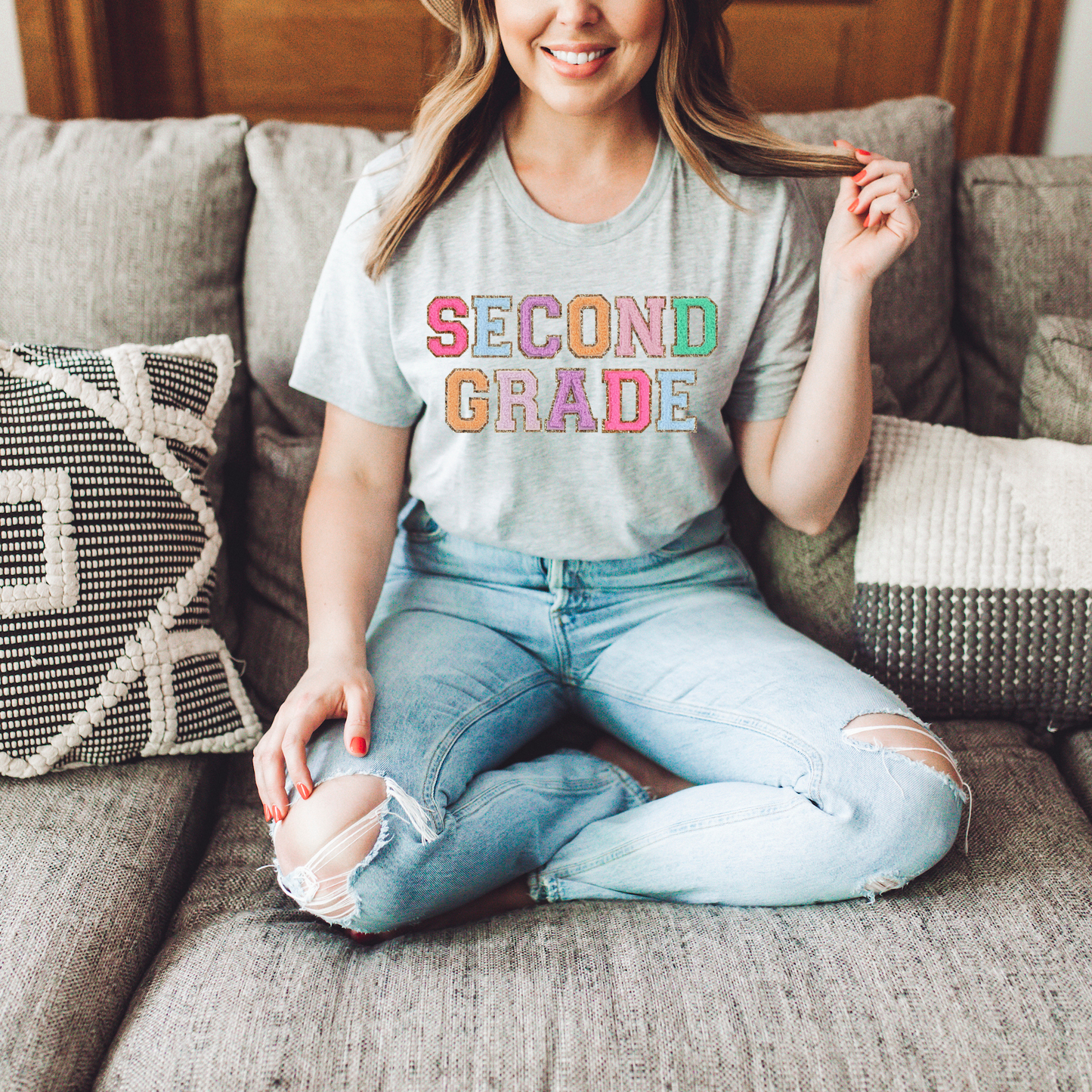 Second Grade Teacher Shirt (faux letter patches)