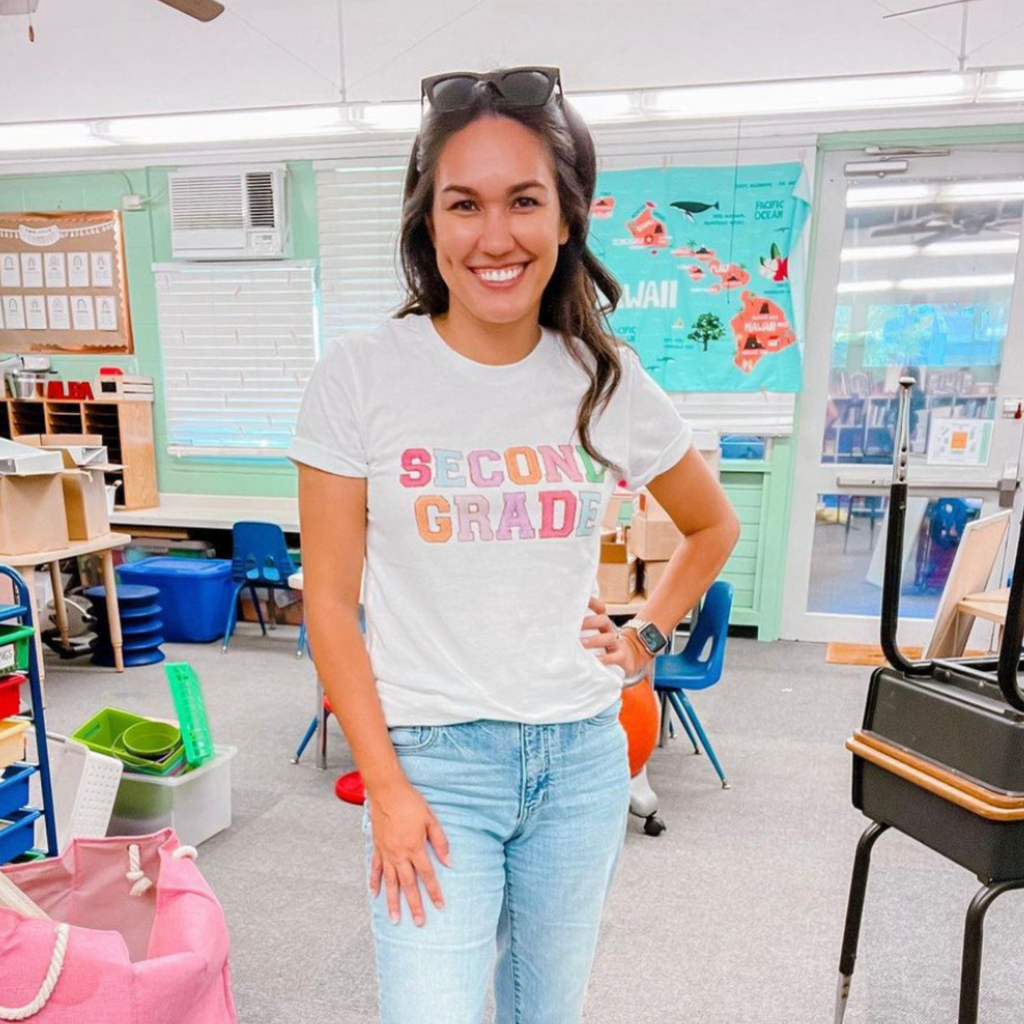 Second Grade Teacher Shirt (faux letter patches)
