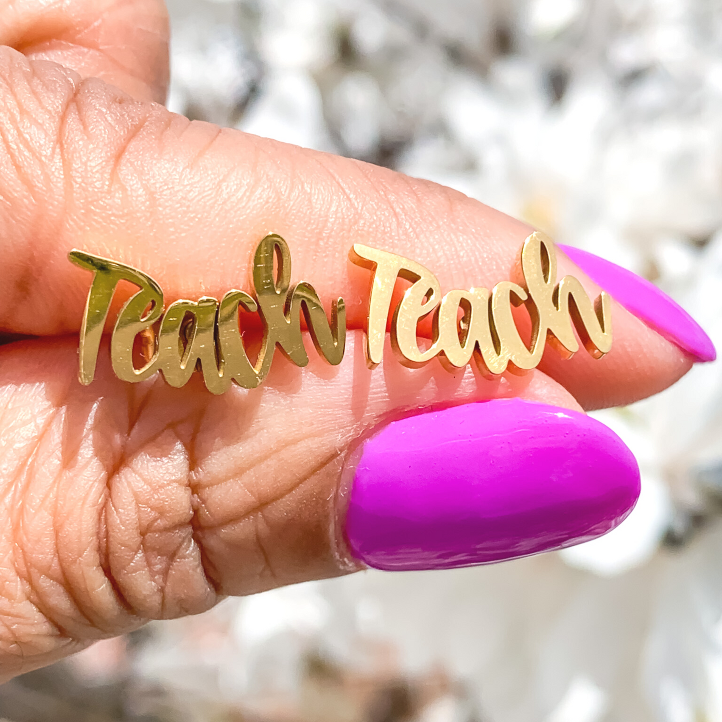 Gold Stud TEACH and Peony Flower Earrings Bundle