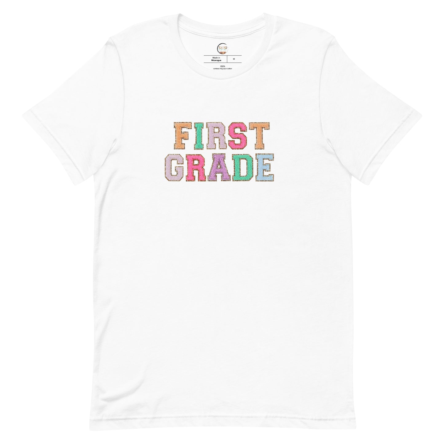 First Grade Teacher Shirt (faux letter patches)