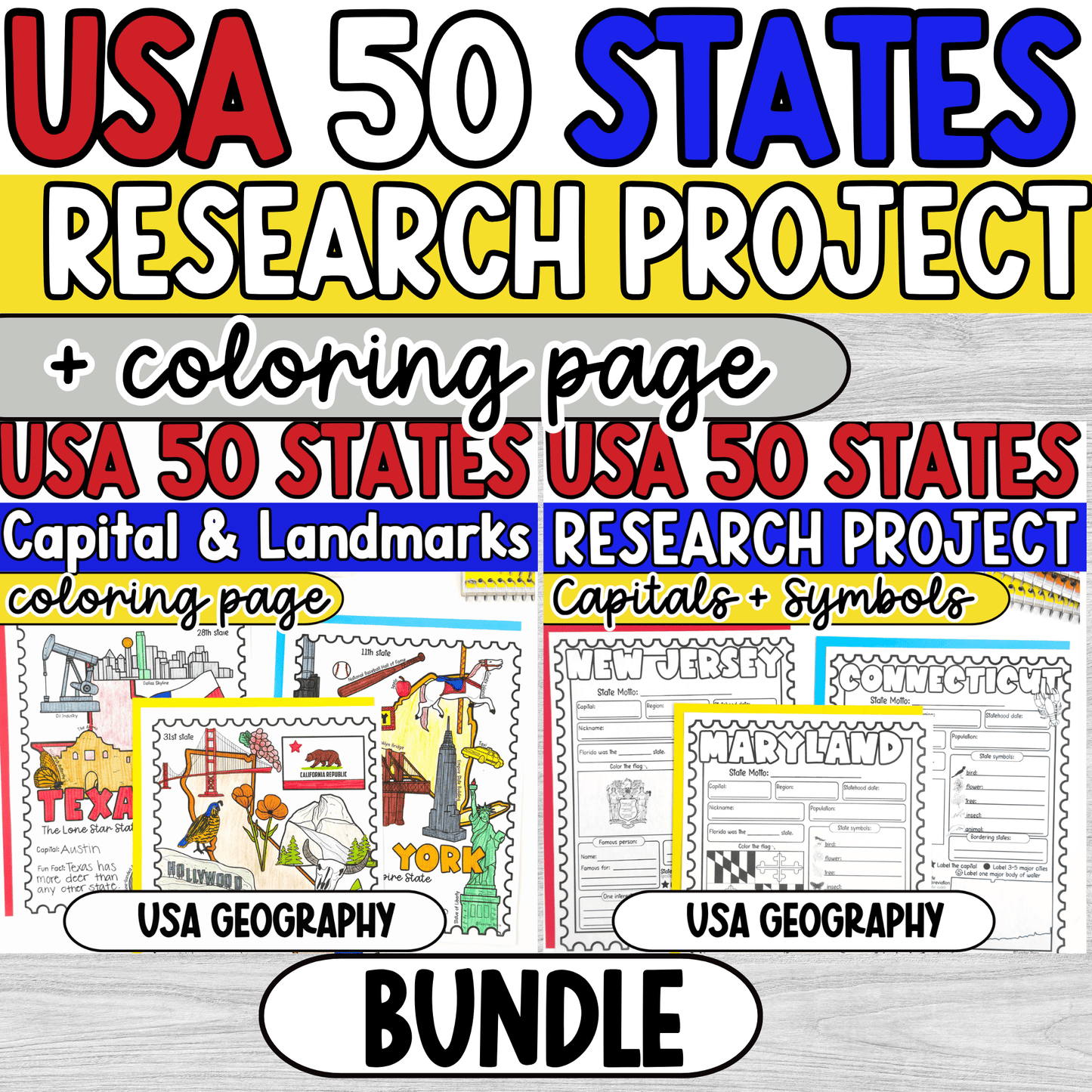50 States Research & Coloring Pages Bundle