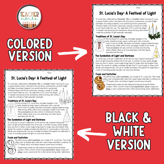 St. Lucia's Day Reading Comprehension Passage
