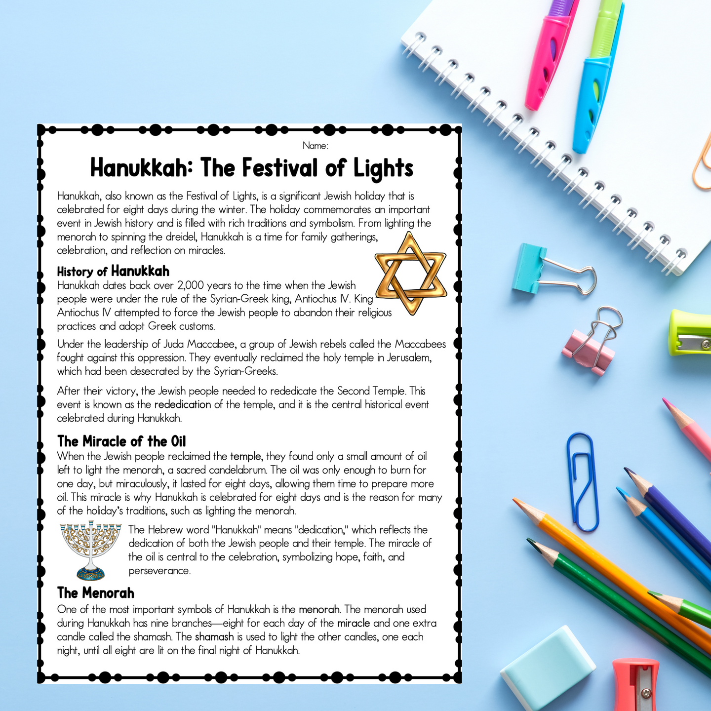 Hanukkah Reading Comprehension – Teacher Noire
