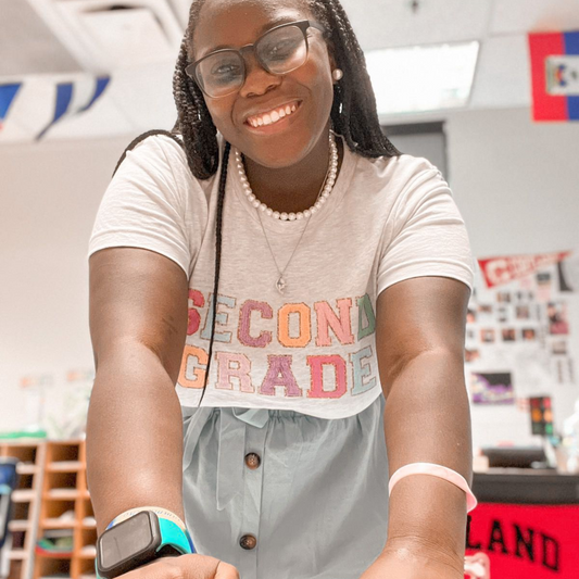 Second Grade Teacher Shirt (faux letter patches)