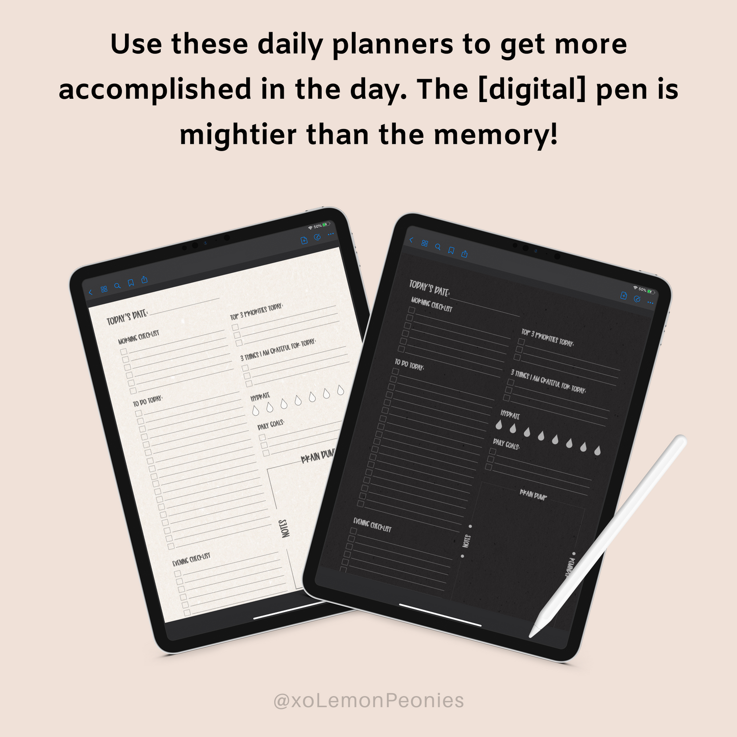 Daily Planner | Dark mode daily planner for iPad- goodnotes and noteability
