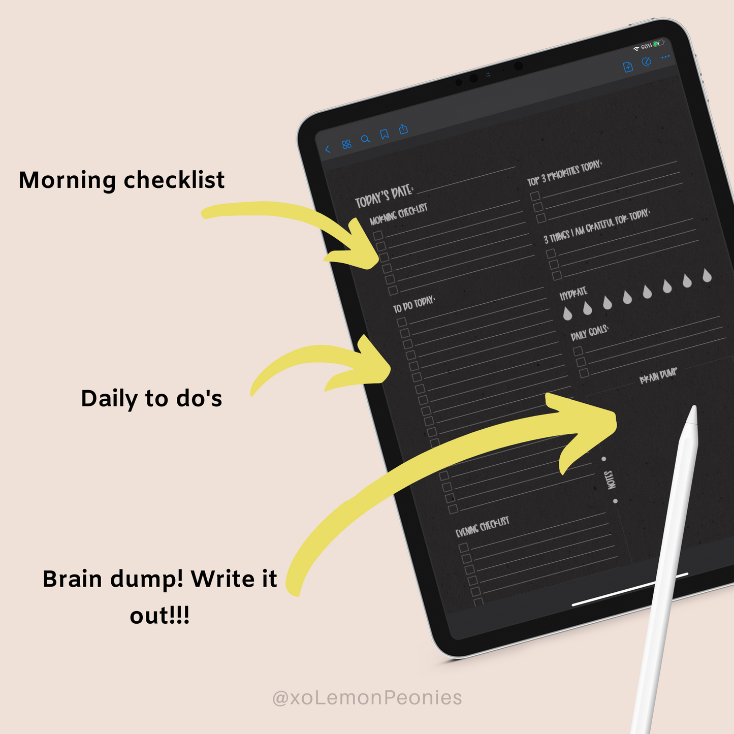 Daily Planner | Dark mode daily planner for iPad- goodnotes and noteability
