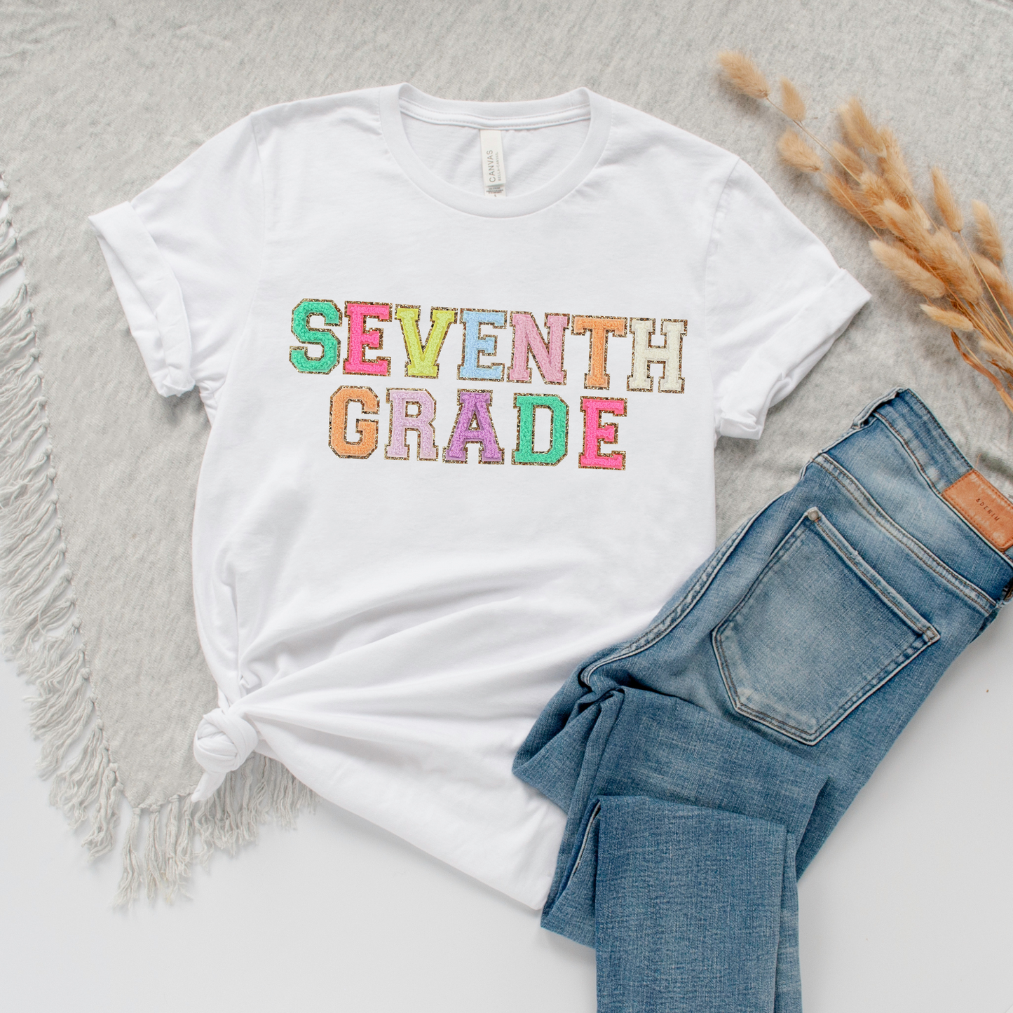 Seventh Grade Teacher Shirt (faux letter patches)