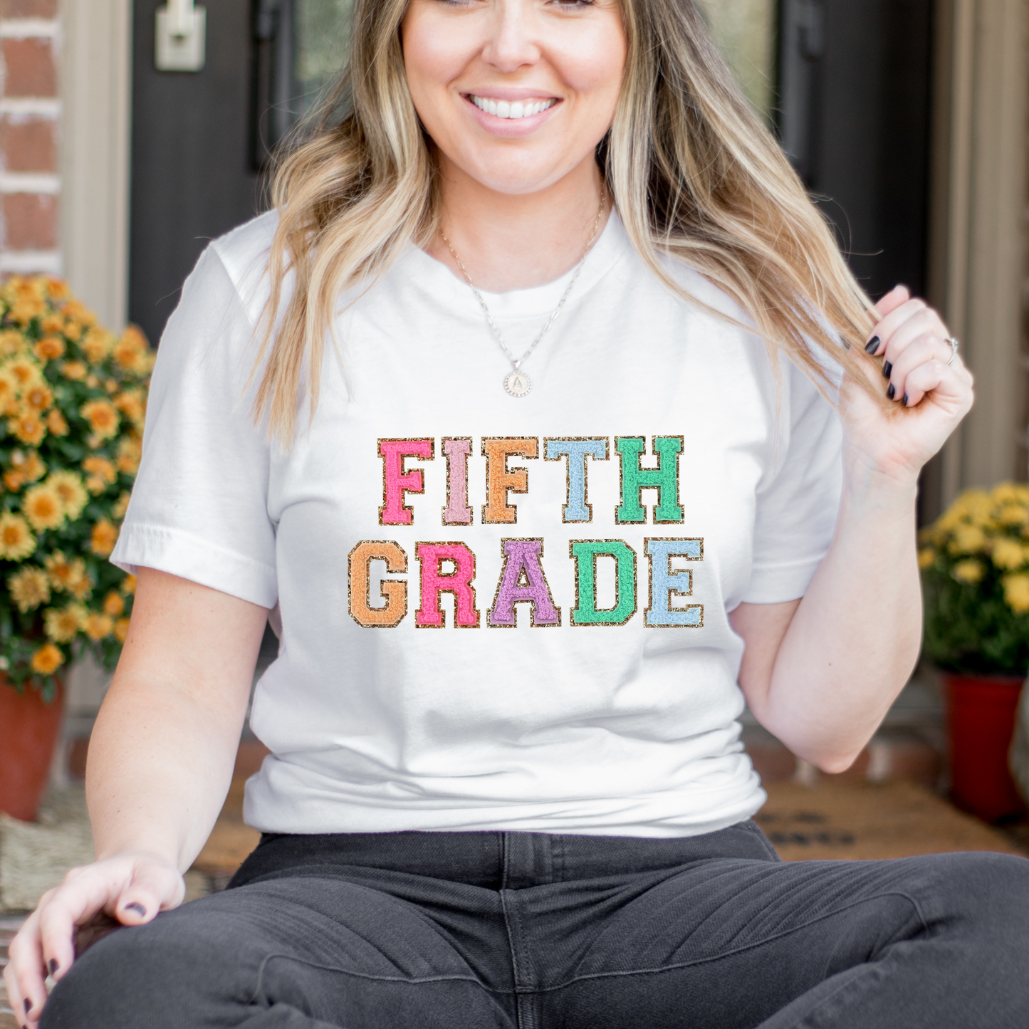 Fifth Grade Teacher Shirt (faux letter patches)