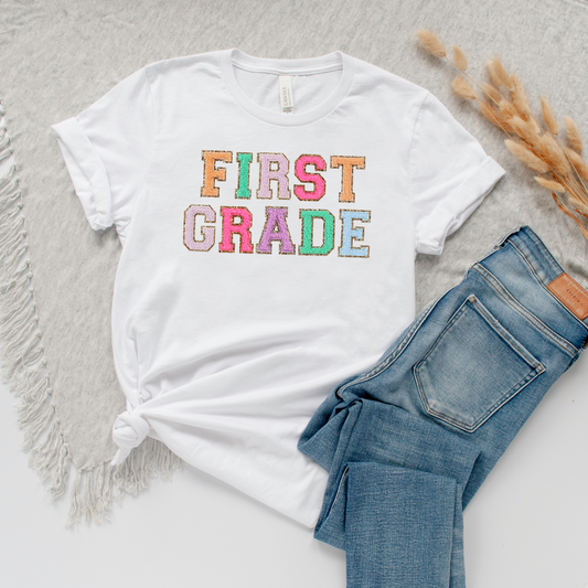 First Grade Teacher Shirt (faux letter patches)