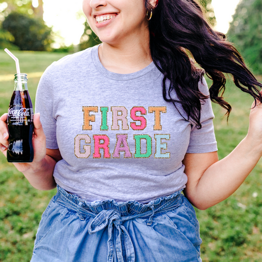 First Grade Teacher Shirt (faux letter patches)