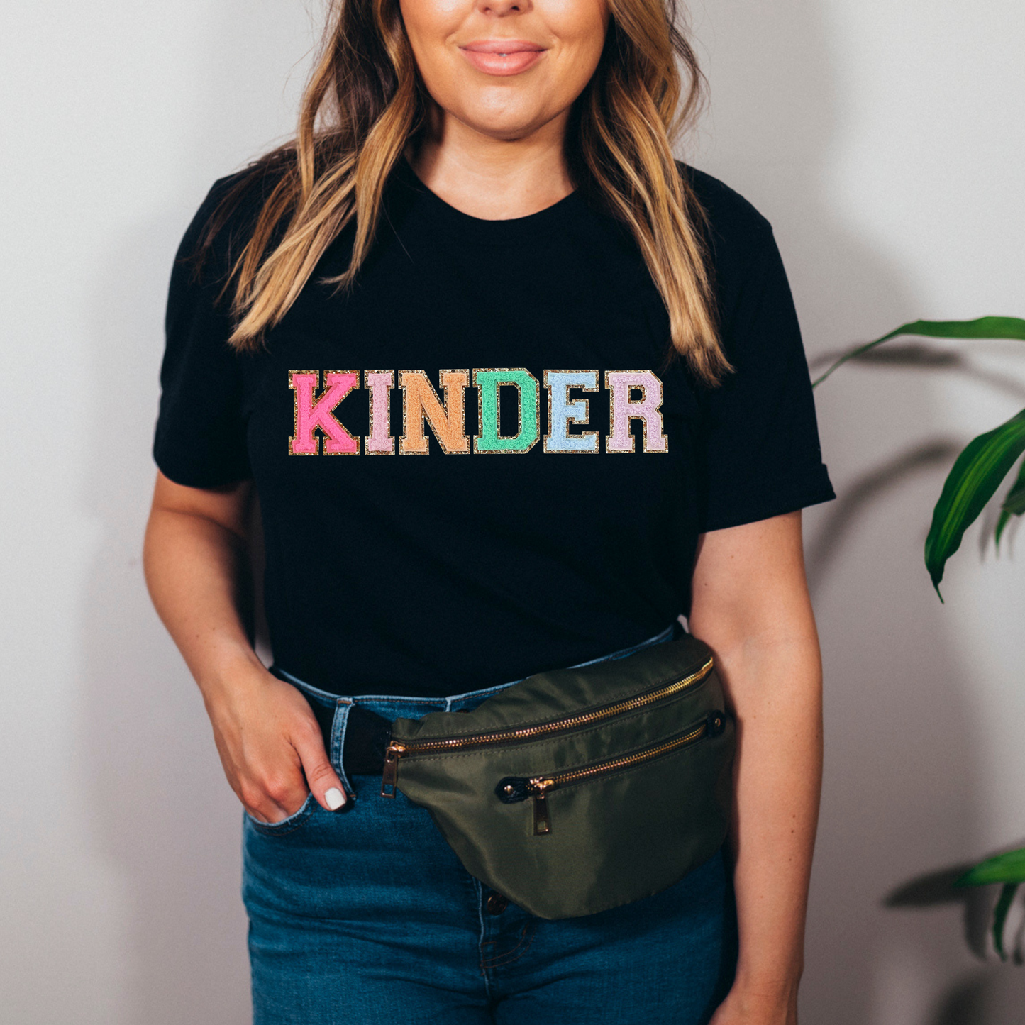 Kinder Teacher Tshirt, Kindergarten Teacher Shirt (faux patch letters)