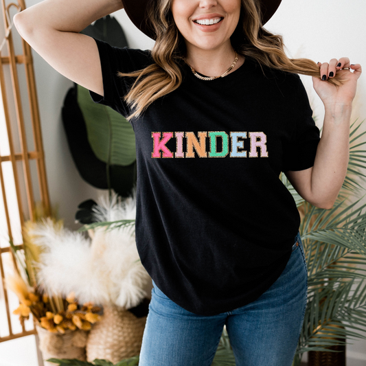 Kinder Teacher Tshirt, Kindergarten Teacher Shirt (faux patch letters)