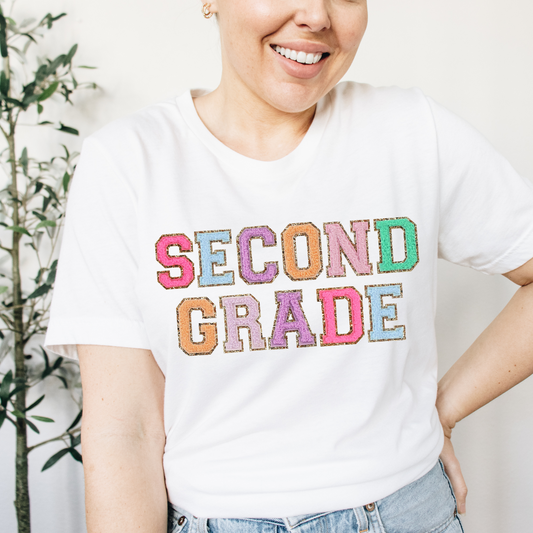 Second Grade Teacher Shirt (faux letter patches)