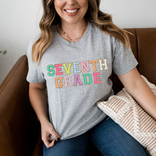 Seventh Grade Teacher Shirt (faux letter patches)