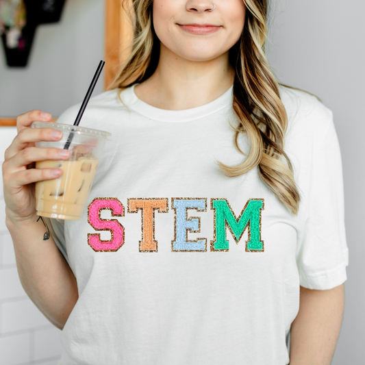 STEM Teacher Tshirt, Science Teacher Shirt (faux letter patches)