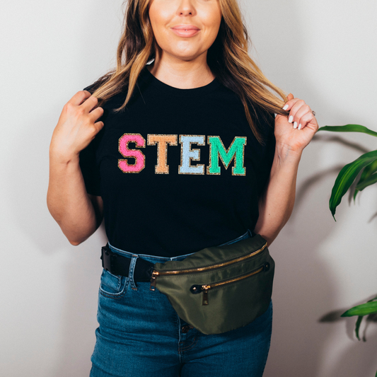 STEM Teacher Tshirt, Science Teacher Shirt (faux letter patches)