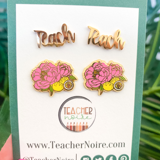Gold Stud TEACH and Peony Flower Earrings Bundle