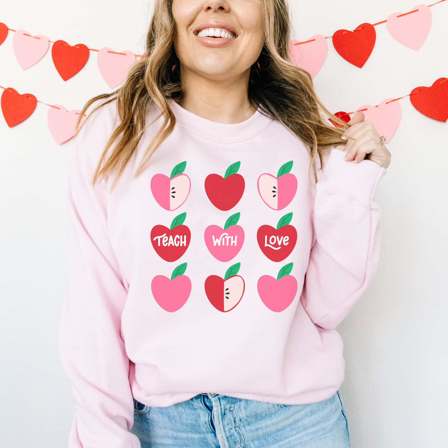 Pink Teach With Love Crewneck Sweater