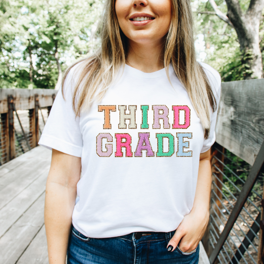 Third Grade Teacher Shirt (faux letter patches)