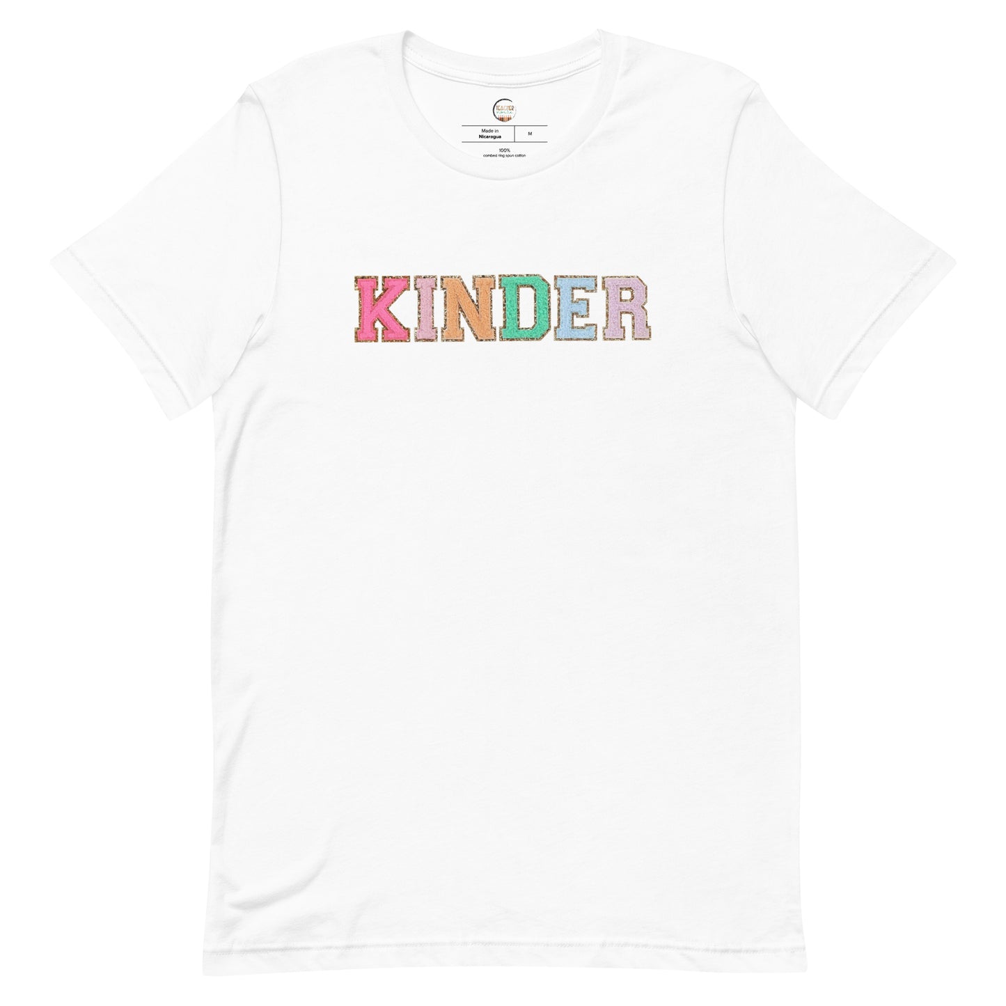 Kinder Teacher Tshirt, Kindergarten Teacher Shirt (faux patch letters)